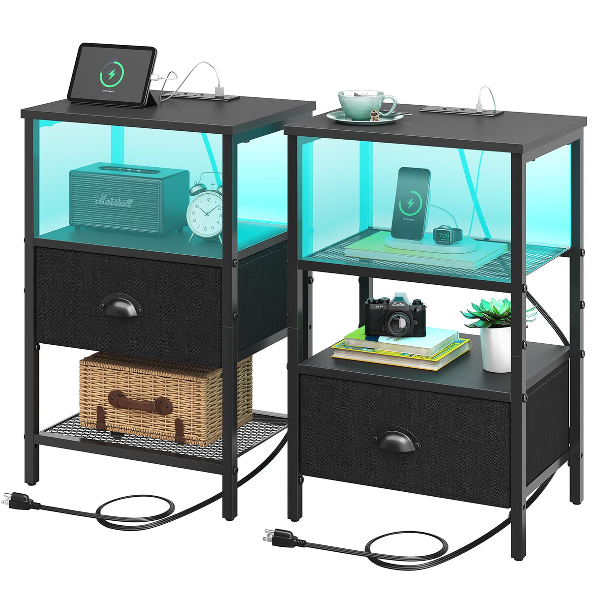 Sthmec Nightstands Set of 2, LED Bedside Tables with Charging Station and Fabric Drawer, Night Stand with Storage, 3 Tier Side Table with Open Shelf for Living Room, Bedroom, Black Generic