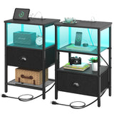 Sthmec Nightstands Set of 2, LED Bedside Tables with Charging Station and Fabric Drawer, Night Stand with Storage, 3 Tier Side Table with Open Shelf for Living Room, Bedroom, Black Generic