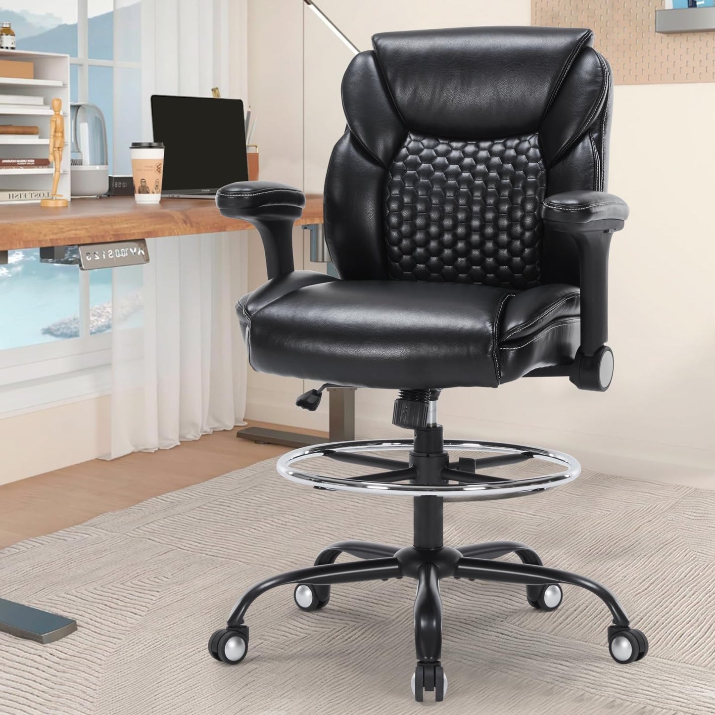 Chairoyal Drafting Chair, Ergonomic Tall Office Chair with Soft Adjustable Arms and Foot Ring, Standing Desk Chair PU Leather High Office Chair for Counter Height Desk, Swivel Computer Stool, - WoodArtSupply