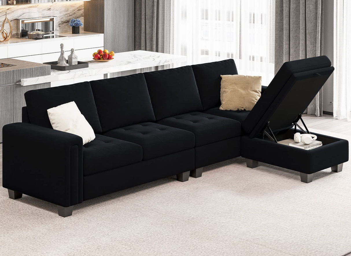 Belffin Velvet Reversible Sectional Sofa with Chaise Convertible L Shaped 4-seat Sectional Couch with Storage Ottoman Black Belffin