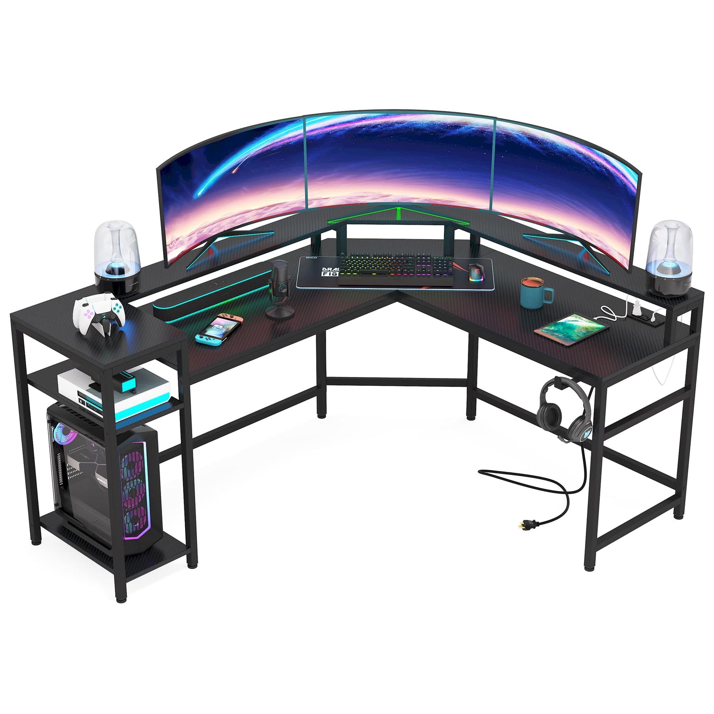 Tribesigns L-Shaped Gaming Desk with Power Outlets & LED Strips, L-Shaped Computer Desk with Storage Shelves, Corner Computer Desk with Monitor Stand, Black Modern Writing Desk Home Office, G - WoodArtSupply