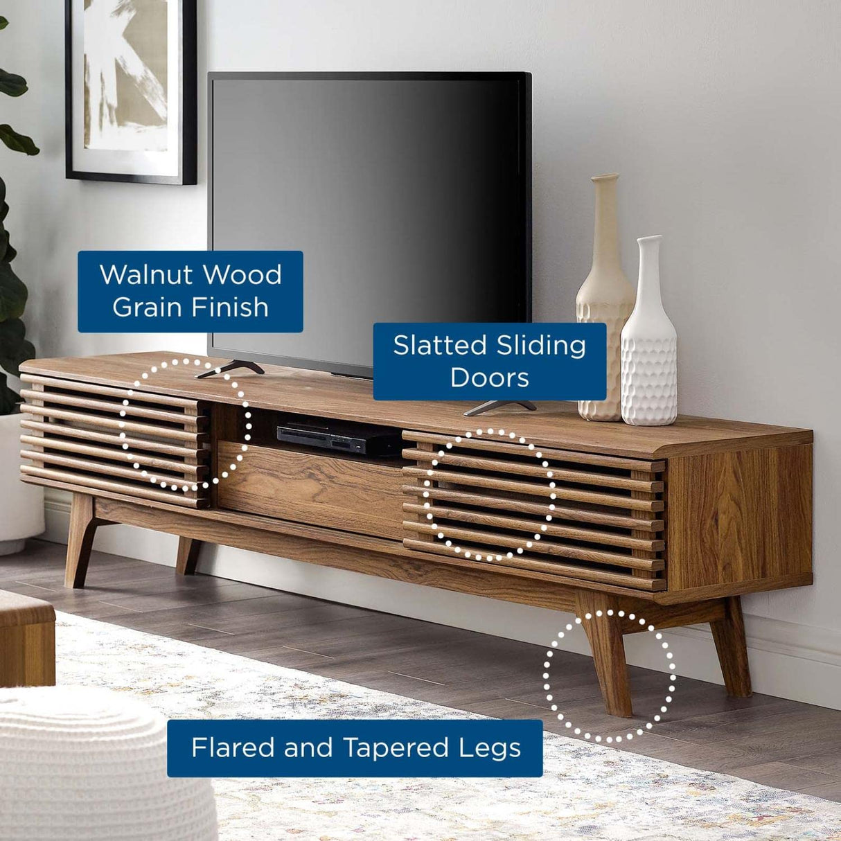 Modway Render 70" Mid-Century Modern Low Profile Entertainment TV Stand, 70 Inch, Walnut Walnut Modway