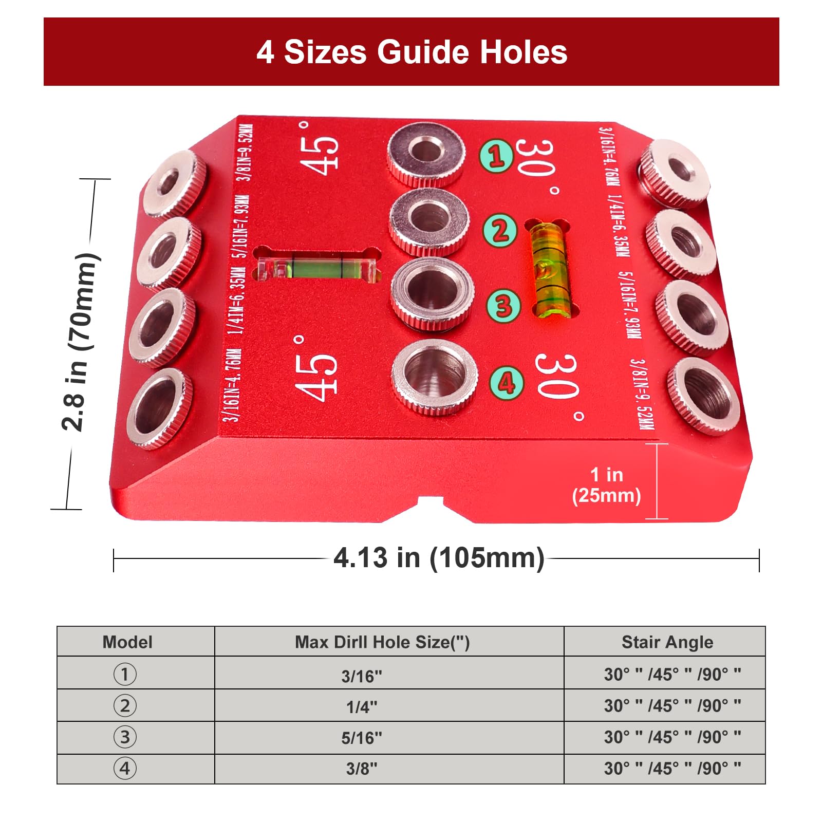 DIRAEEN 30 45 90 Angle Drill Guide Jig with 4 Drill Bits-Portable Drill Guide for Angled Holes and Straight Hole, All Metal Jig for Stairs Handrail, Cable Railing, Deck, Wood Post, Level desi - WoodArtSupply