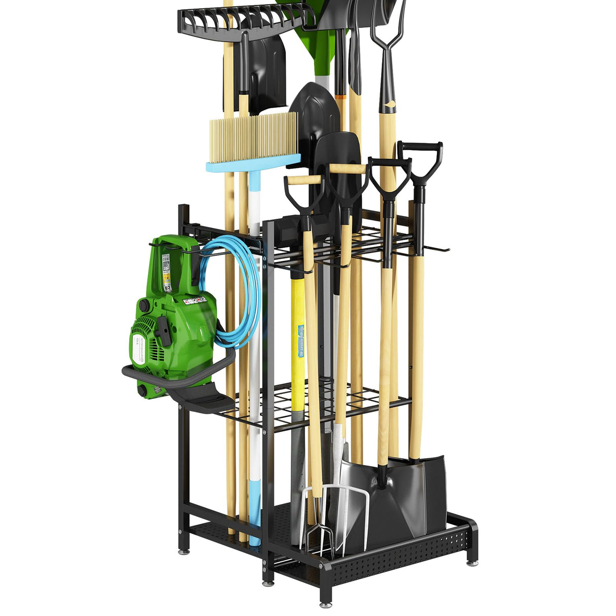 GILLAS Garden Tool Organizer for Garage, Utility Storage Racks with Hooks, Metal Yard Tool Stand Holder Organizer for Long-Handled, Broom, Shovel, Rake, Sturdy Heavy Rack for Outdoor, Yard, Black GILLAS