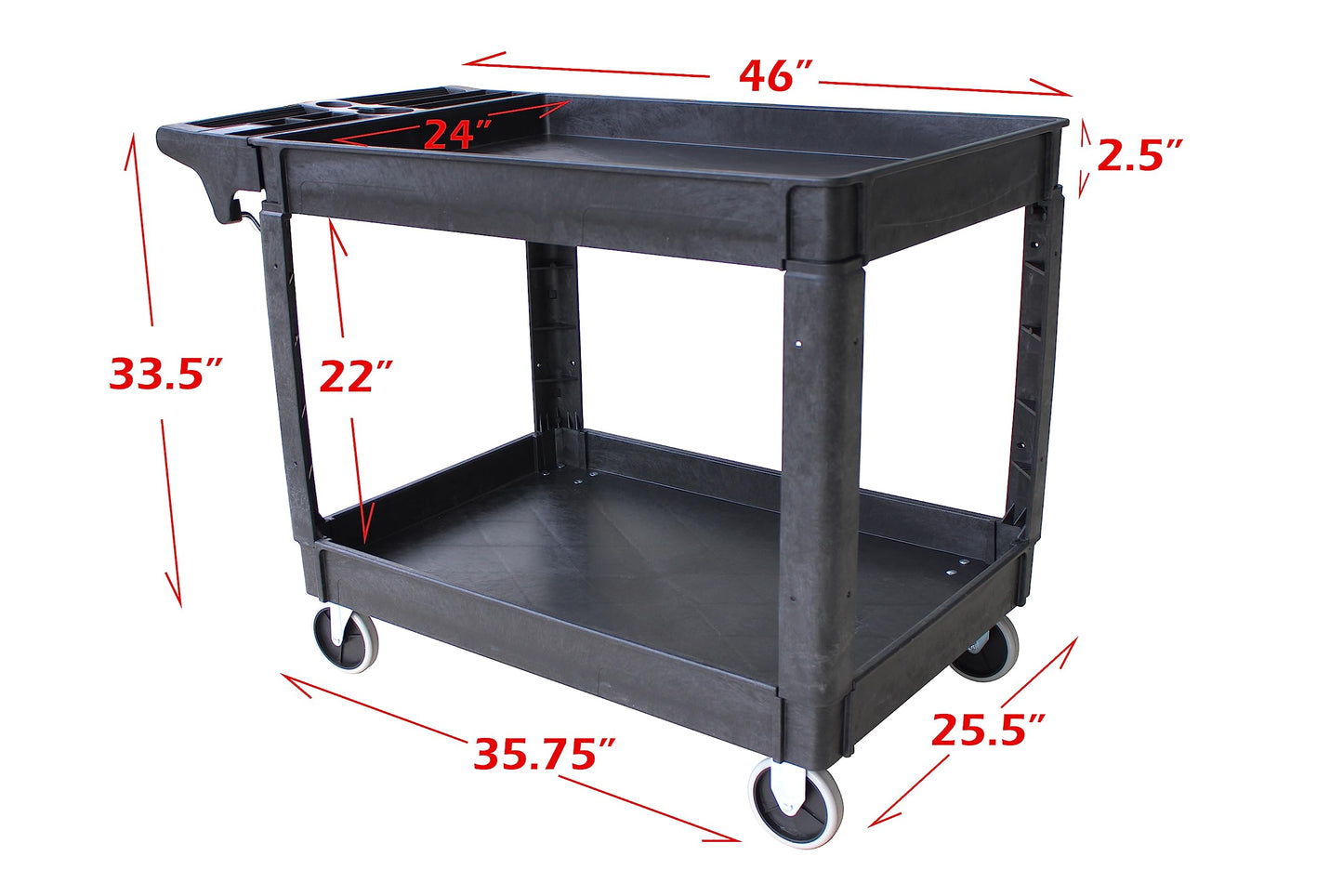 MaxWorks 80857 500-lb Utility Service PP Cart With Two Trays and Wheels 46 inch x 25.5 inch x 33.5 inch Overall Dimensions