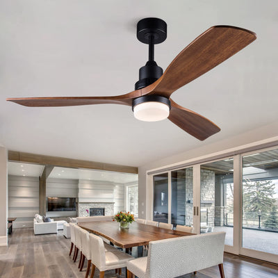 BOJUE 52 Inch Ceiling Fans with Lights and Remote Control, Indoor Outdoor Mordern Ceiling Fan with 3 Wood Blade for Patio Living Room, Bedroom, Office, Summer House (Black Ceiling fans+ Walnut Blades)