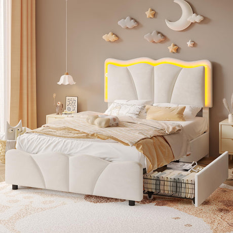 AOGLLATI Twin Bed Frame with 4 Storage Drawers & Charging Station,Upholstered Led Flower Twin Bed with Adjustable Headboard and Strong Wood Slat Support,No Spring Box Needed, Beige AOGLLATI