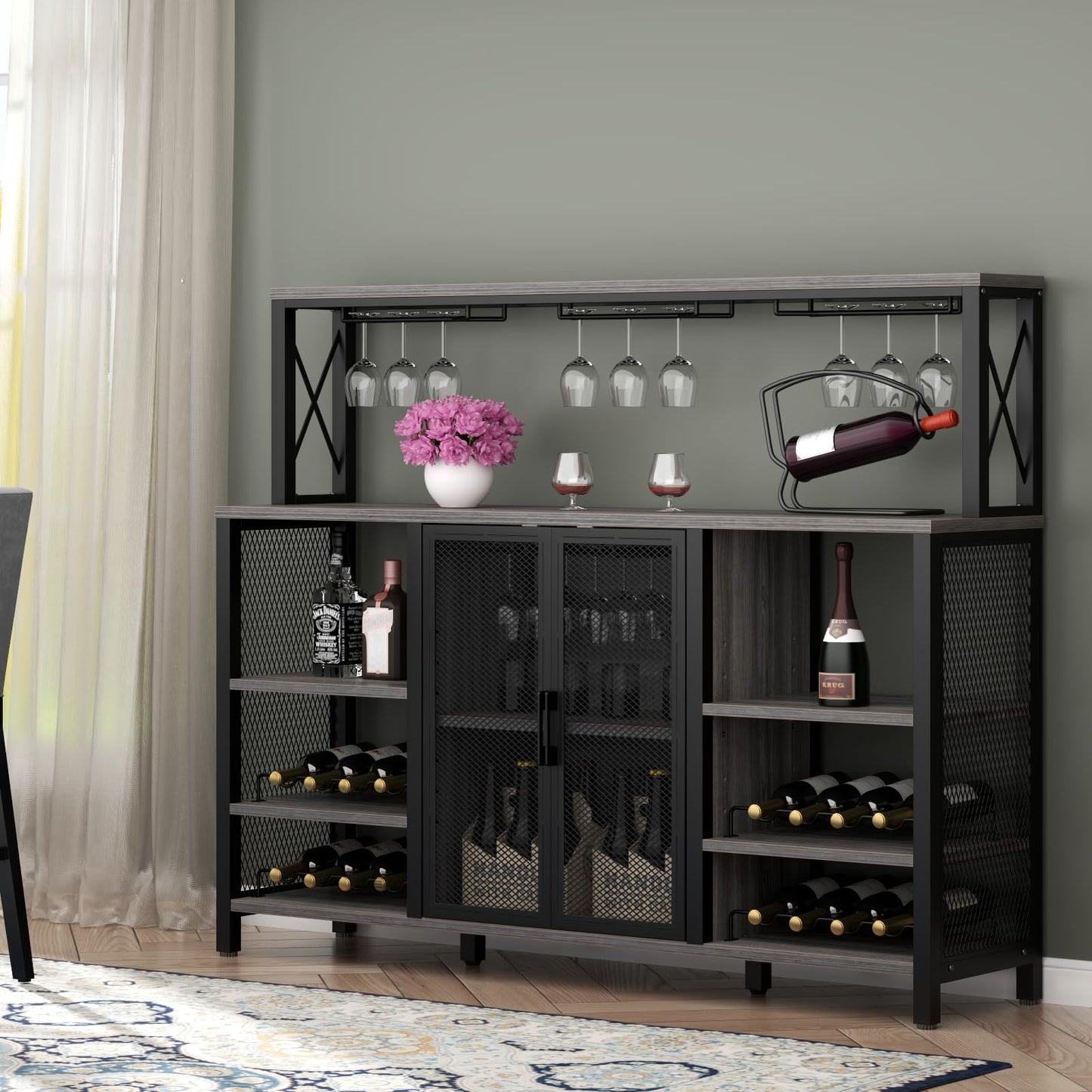 Gyfimoie Wine Bar Cabinet, 55 Inches Industry Coffee Bar Cabinet with Wine Rack and Glass Holder, Kitchen Sideboard Buffet Cabinet with Wine Rack Storage for Liquor and Glasses (Rustic Grey) - WoodArtSupply