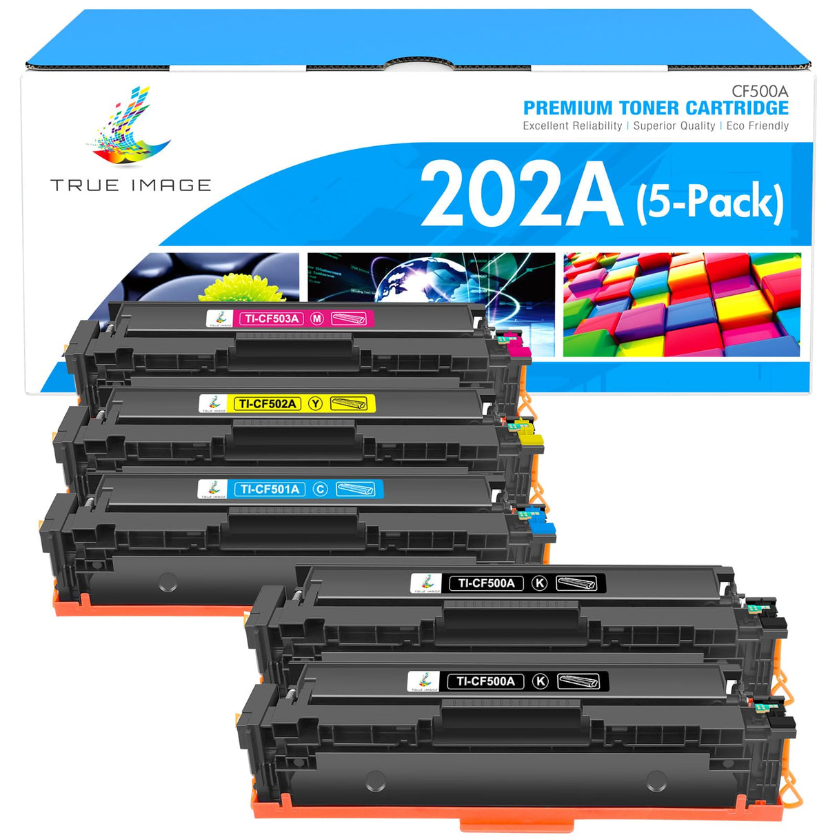 TRUE IMAGE Compatible Toner Cartridge Replacement for HP 202A CF500A 202X Color Laserjet Pro MFP M281fdw M281cdw M254dw M281fdn M254dn M254nw M281 M254 Toner Printer Ink (BK/C/Y/M, 5-Pack) TRUE IMAGE