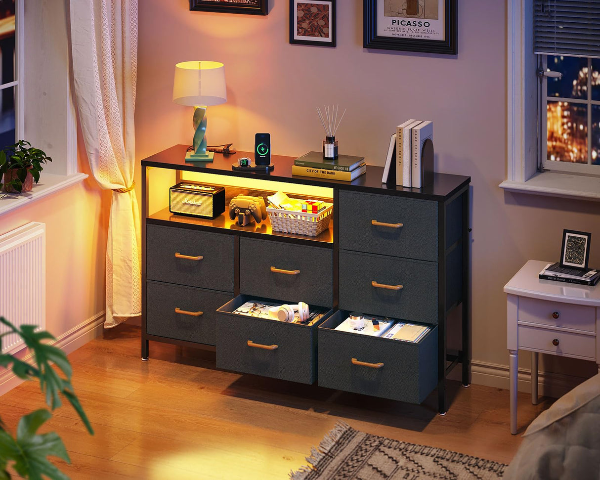 AODK Dresser with LED Lights and Power Outlet, 52-Inch Long Dresser TV Stand for Bedoom, Fabric TV Stand with 7 Large Storage Drawers and Shelves for Living Room, Black and Dark Grey AODK