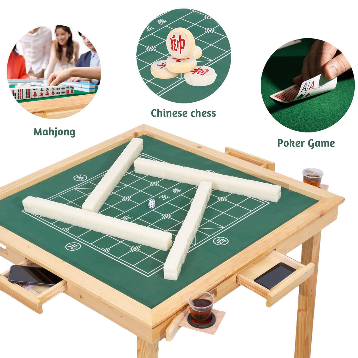MEIMAI Foldable Mahjong Table, 35" Multifunction Card Table with 4 Cup Holder and 4 Fdrawers, Square Game Table for Mahjong, Poker Blackjack,Natural MEIMAI