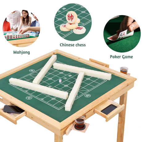 MEIMAI Foldable Mahjong Table, 35" Multifunction Card Table with 4 Cup Holder and 4 Fdrawers, Square Game Table for Mahjong, Poker Blackjack,Natural MEIMAI