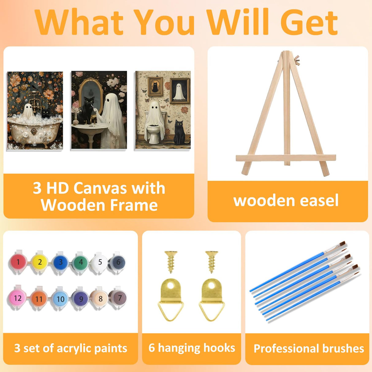 Mandun 3 Pack Halloween Paint by Numbers Kit for Adults with Frame, Ghost Paint by Numbers, Adult Gift Craft Kits 7.8x11.8Inch with Frame and Easel Mandun