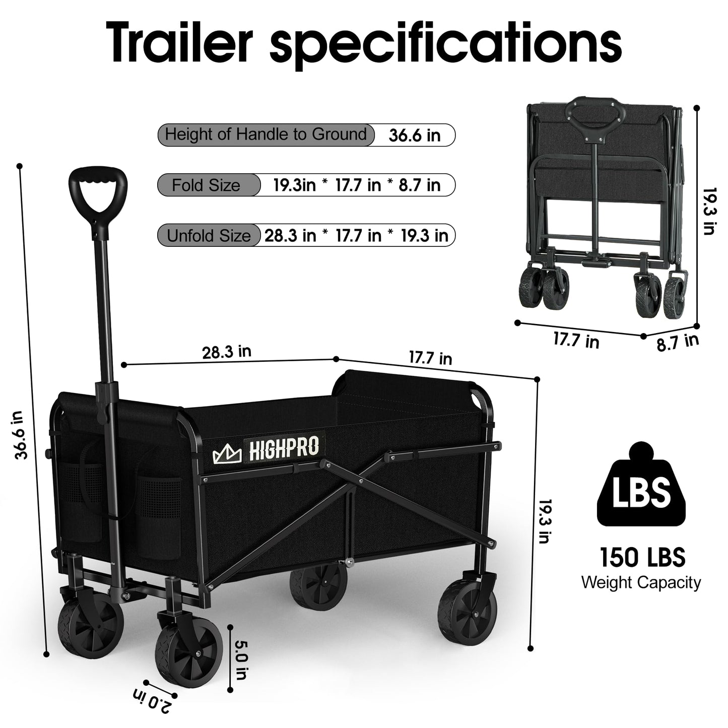 Highpro Collapsible Wagon Carts Foldable, Heavy Duty Beach Folding Wagon Cart with Wheels, Portable Grocery Garden Cart for Outdoor, Sports, Shopping, Camping, Black