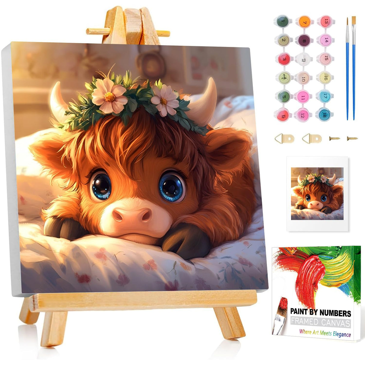 Reivworl Paint by Numbers Kit for Kids with Frame and Easel, Cow Paint by Number Kids Age 5-8-12, Paint by Numbers Gifts and Home Decor - 8X8 Inch Reivworl