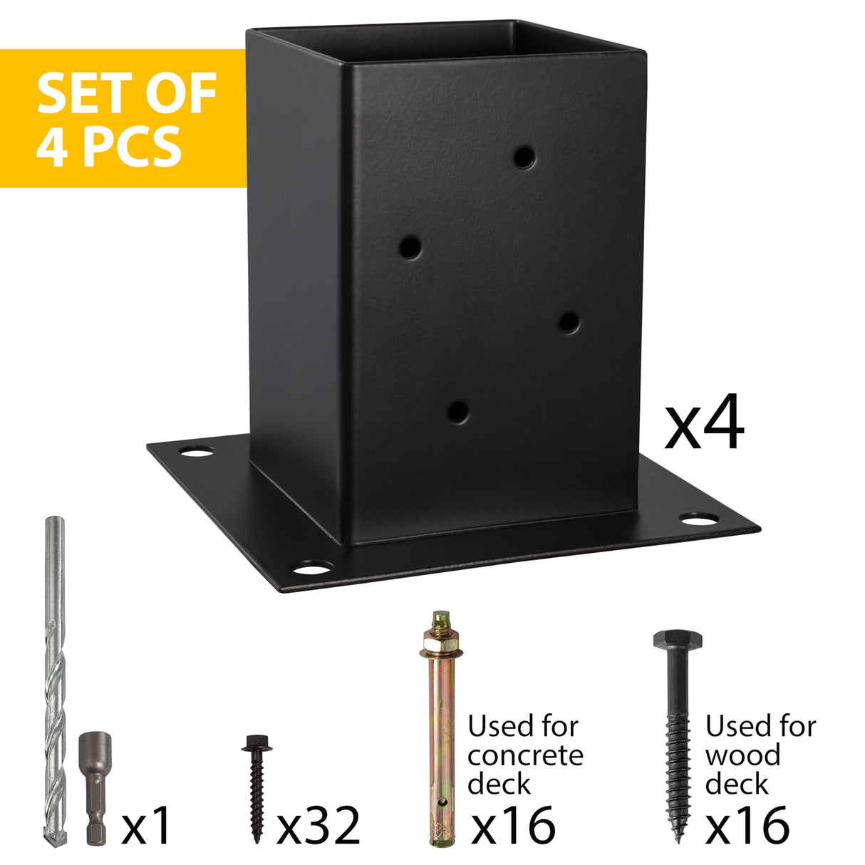 (4 PCS) LADECH 4x4 Post Anchor Base with Bottom Drainage Hole, Black Powder Coated Brackets for Fence Posts, Pergola, Mailbox Post, Come with Wood Screws and Concrete Anchors (4, 4x4) LADECH