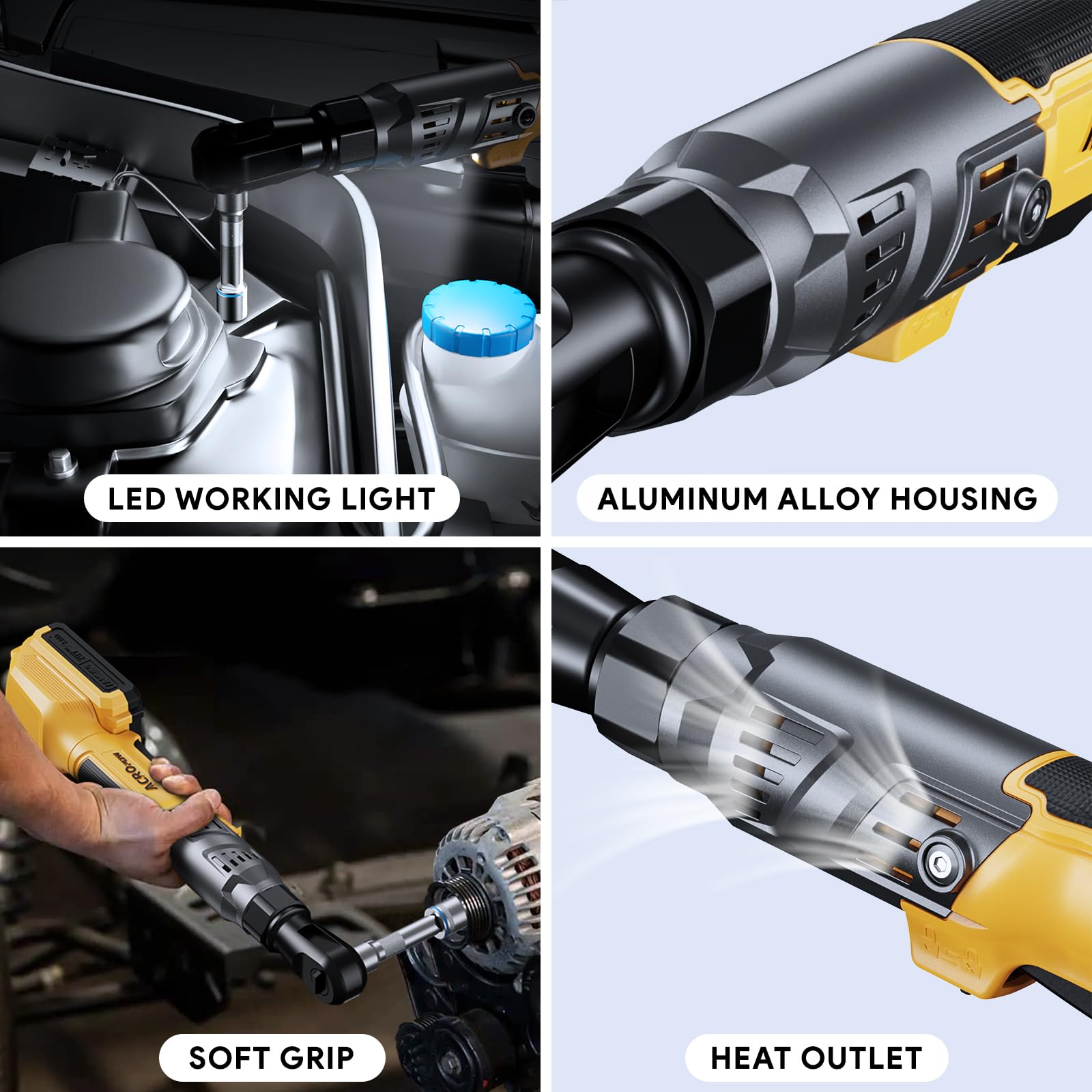 ACROPOW 3/8" Cordless Ratchet Wrench, Compatible with DEWALT 20V MAX Battery, 74Ft-Lbs Brushless Motor Electric Ratchet with Variable Speed, 1/2" & 1/4" Adapters, 3" Extension Bar (Tool Only) - WoodArtSupply