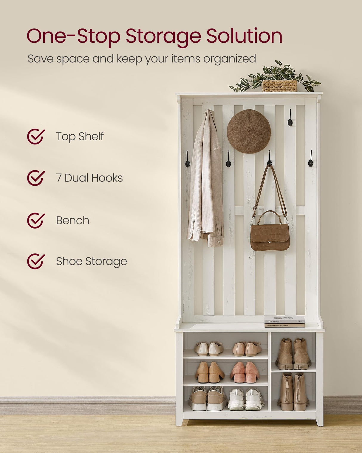 VASAGLE Hall Tree with Bench and Shoe Storage, Coat Rack with Shoe Bench, 7 Double Hooks for Jackets, Hats, Entryway, Bedroom, Living Room, 13.8 x 31.9 x 70.9 Inches, Rustic White UHSR414W01 VASAGLE