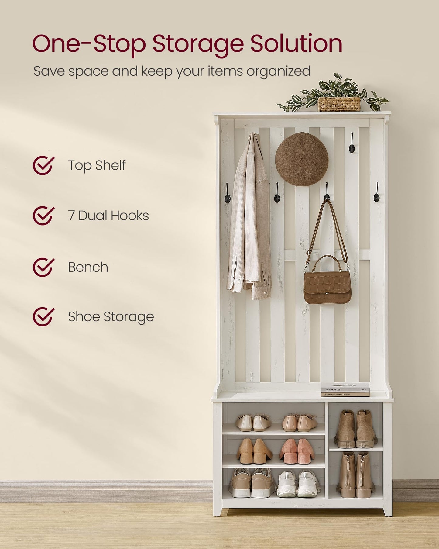 VASAGLE Hall Tree with Bench and Shoe Storage, Coat Rack with Shoe Bench, 7 Double Hooks for Jackets, Hats, Entryway, Bedroom, Living Room, 13.8 x 31.9 x 70.9 Inches, Rustic White UHSR414W01