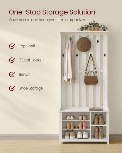 VASAGLE Hall Tree with Bench and Shoe Storage, Coat Rack with Shoe Bench, 7 Double Hooks for Jackets, Hats, Entryway, Bedroom, Living Room, 13.8 x 31.9 x 70.9 Inches, Rustic White UHSR414W01