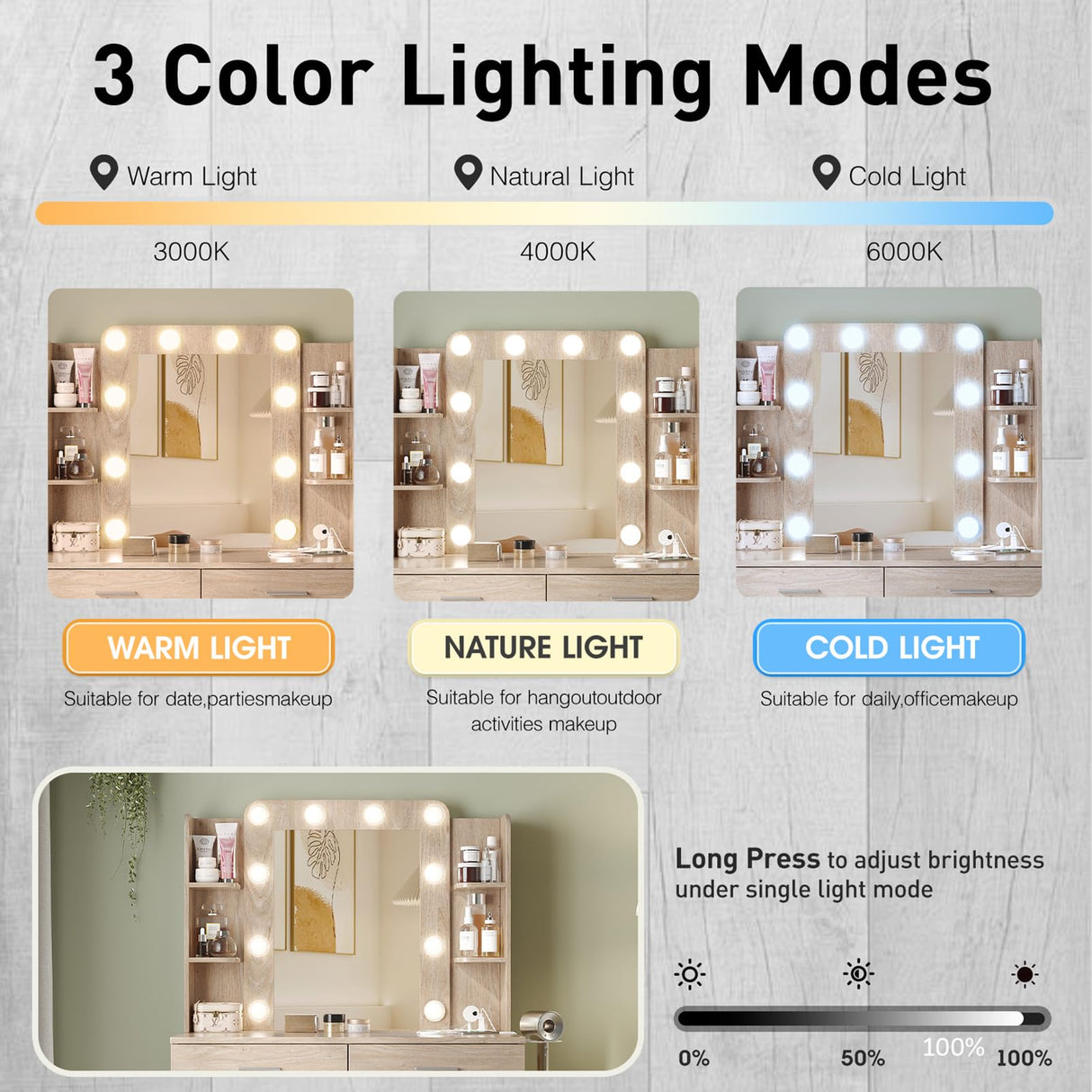 Vabches Vanity Desk with Mirror and Lights,Makeup Vanity Table with Charging Station,2 Drawer Bedroom Dressing Table with 3 Colors Modes Dimming & Cushioned Stool,Natural Oak Vabches