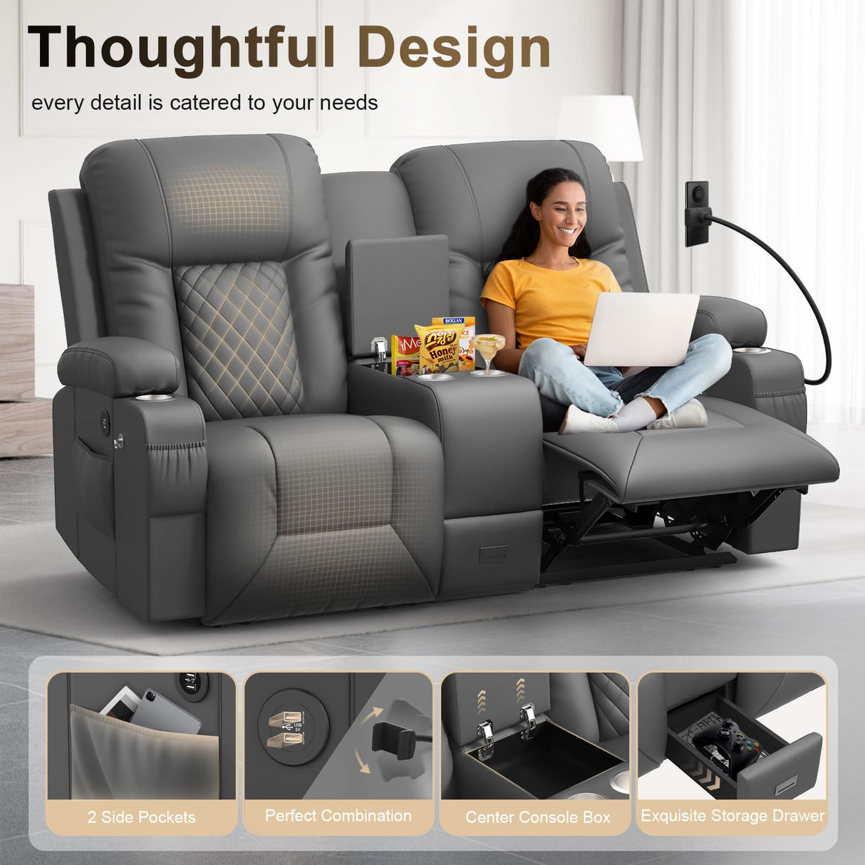 YONISEE Large Loveseat Recliner, Loveseat Recliner Sofa with Storage Console, Recliner Chair with USB Ports, 2 Cell Phone Holders, Cup Holder, Loveseat Couch for Living Room (Dark Gray) YONISEE