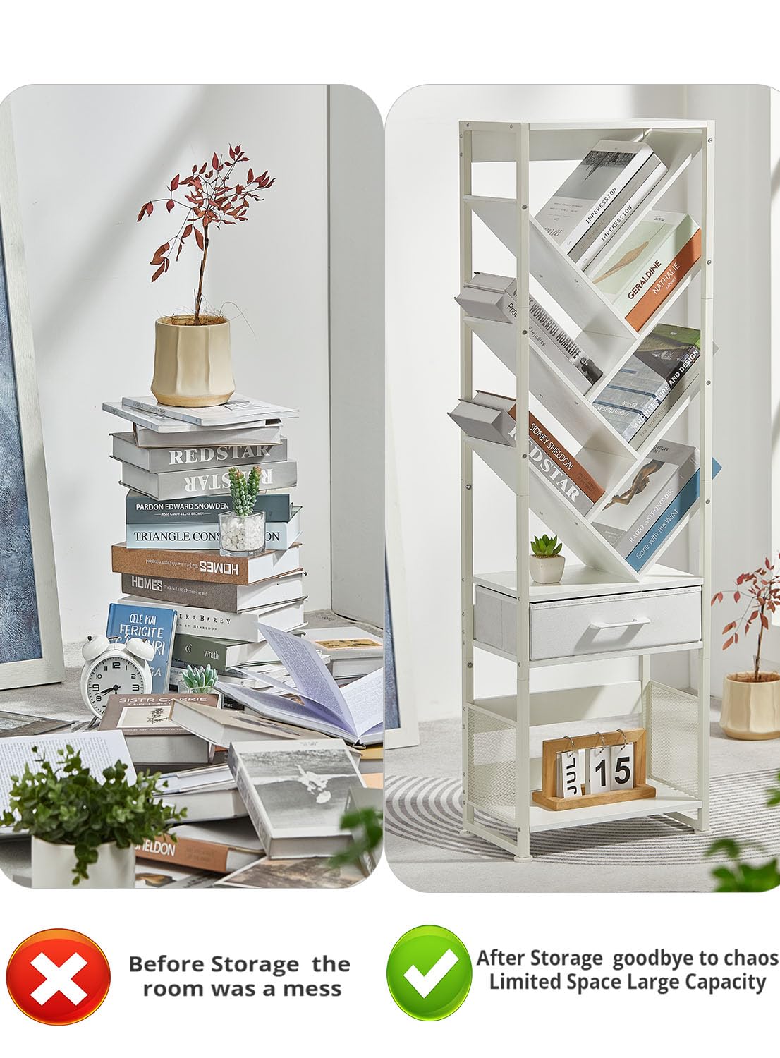 ZEXVIDA Bookshelf with Drawer,10 Tier Tree Bookcase Retro Floor Standing Bookshelves,Tall Wood Bookcases with Cabinet Storage Organizer for Living Room, Bedroom & Home Office, White ZEXVIDA