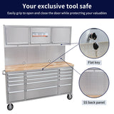 CHETTO C 72 inch Tool Chest Rolling Tool Box Large Tool Cabinet with 15 Storage Drawers Wheels 3 Upper Cabinet SS-Pegboard Workbench Stainless Steel CHETTO C