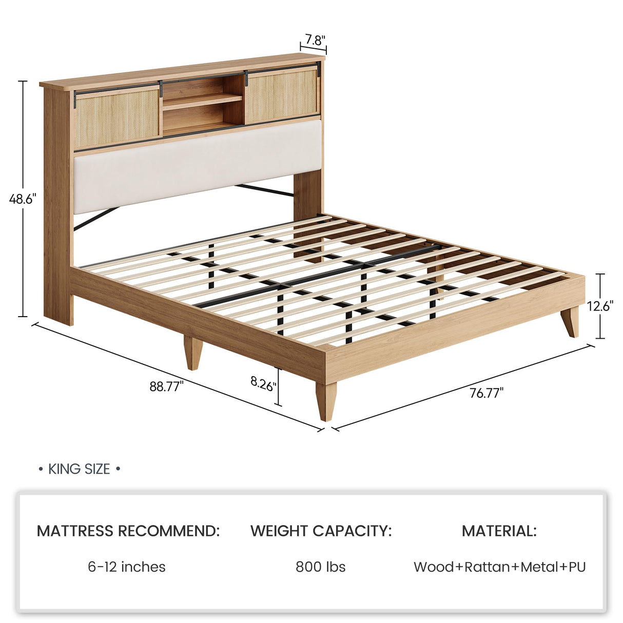 GarveeHome Rattan Bed Frame King with Shelves, Boho King Bed Frame with Shelf Headboard Sliding Door, Solid Wood Foundation with Silent Slats, No Box Spring Needed, Bohemian Wood GarveeHome