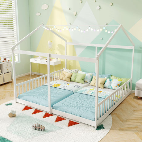 KOMFOTT Double Twin Floor House Bed, House Platform Beds for 2 Kids, Double Montessori Floor Bed with Safety Guardrails, No Box Spring Needed, Wooden Slat Supported Twin Floor Bed (White) KOMFOTT