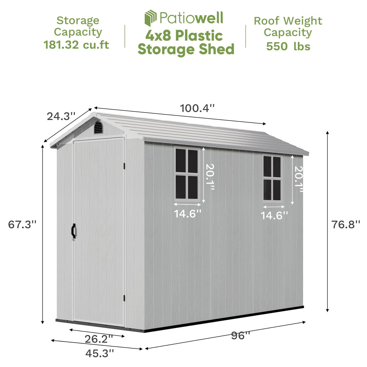 Patiowell 4' x 8' Outdoor Storage Shed with Floor, Plastic Shed Outside Resin Tool Shed with Two Windows and Lockable Door for Backyard Garden Patio Lawn, White (Fit-it Shed) Patiowell