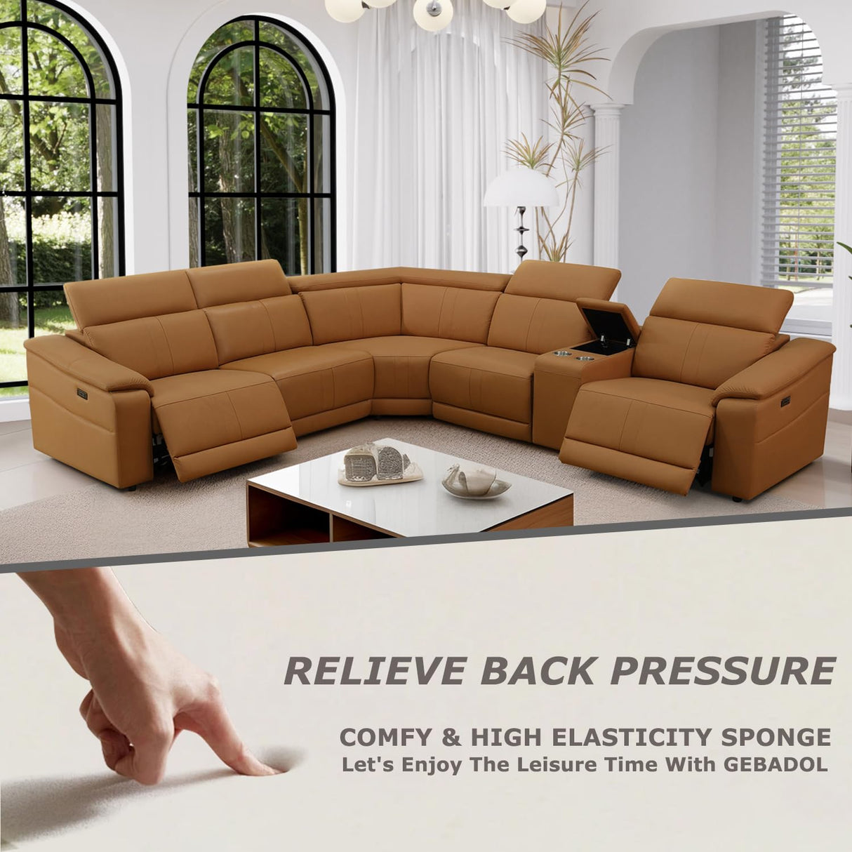 GEBADOL Power Recliner Sectional Sofa, L-Shaped Living Room Furniture Set, Light Brown Leather Sofa, Reclining Sectional Couch with Storage Console/Cup Holder for Living Room/House/Apt GEBADOL