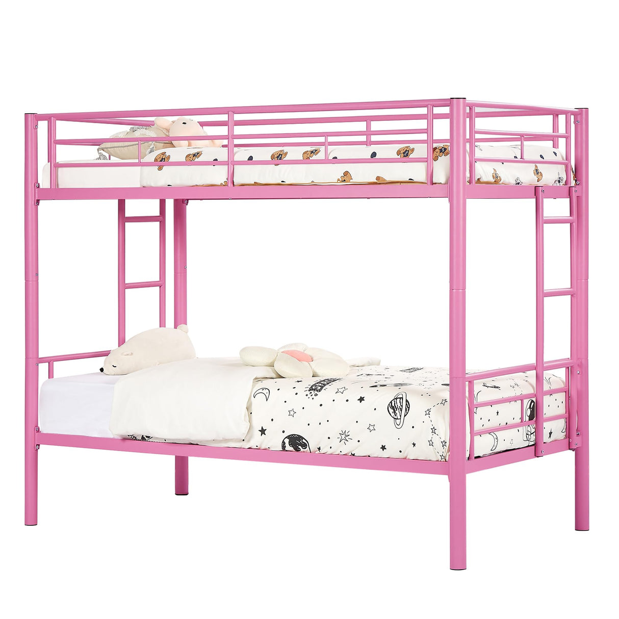 VECELO Metal Bunk Bed Twin Over Twin, Industrial Bunkbeds with Ladder and Full-Length Guardrail, Noise Free, No Boxing Spring Needed, Pink VECELO