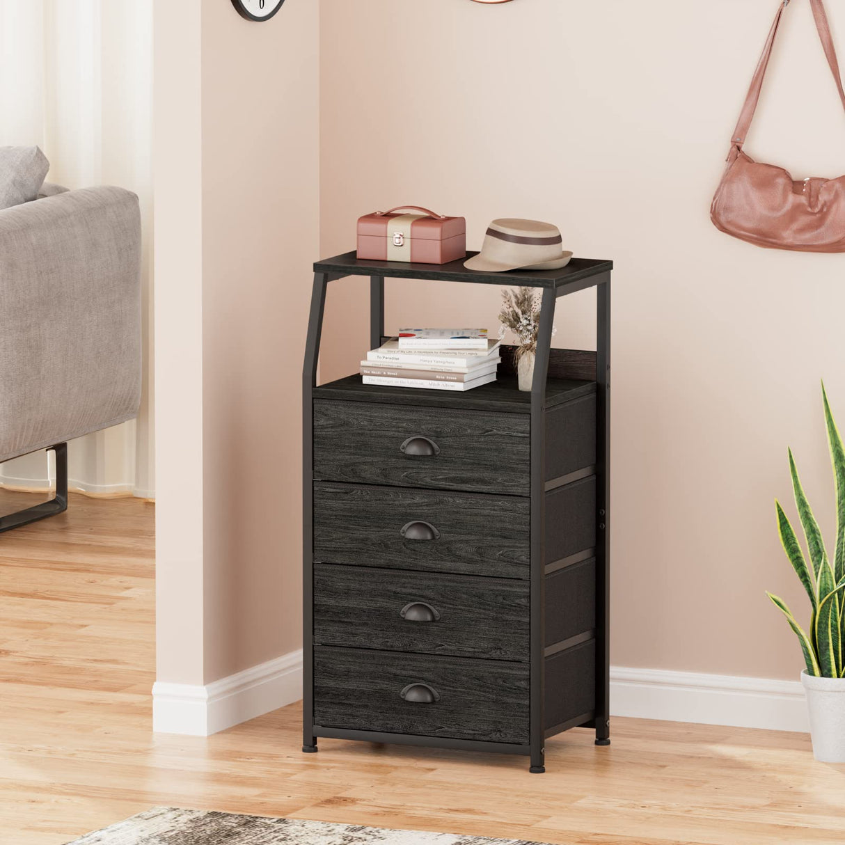 Furnulem Tall 4 Drawers Dresser, Vertical Storage Tower Black Dresser for Bedroom, Hallway, Entryway, Nursery, Closet Organizer, Nightstand Bedside Table Furniture, Sturdy Steel Frame, Wood Top Furnulem