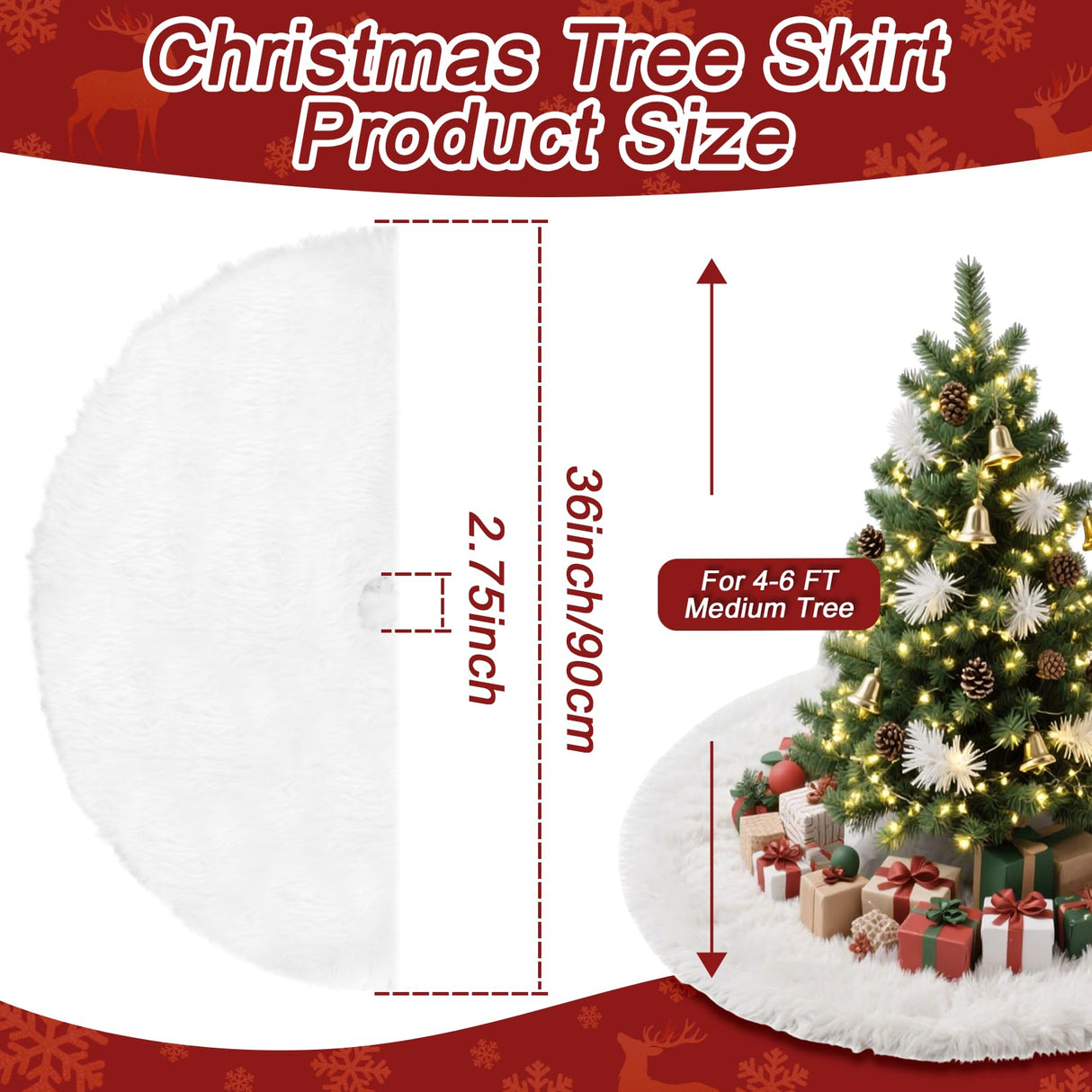 RAINFLOW 36" Christmas Tree Skirt - Faux Fur White Christmas Tree Skirts, Plush Velvet Xmas Decoration Indoor for Home Farmhouse Shop Restaurant School Holiday Party RAINFLOW