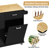 Kitchen Island with Trash Can Storage, Rolling Kitchen Island on Wheels, Tilt Out Trash Cabinet, Bamboo Tabletop, Towel Rack, Knife/Spice Rack, and Drawers, Black Glavbiku