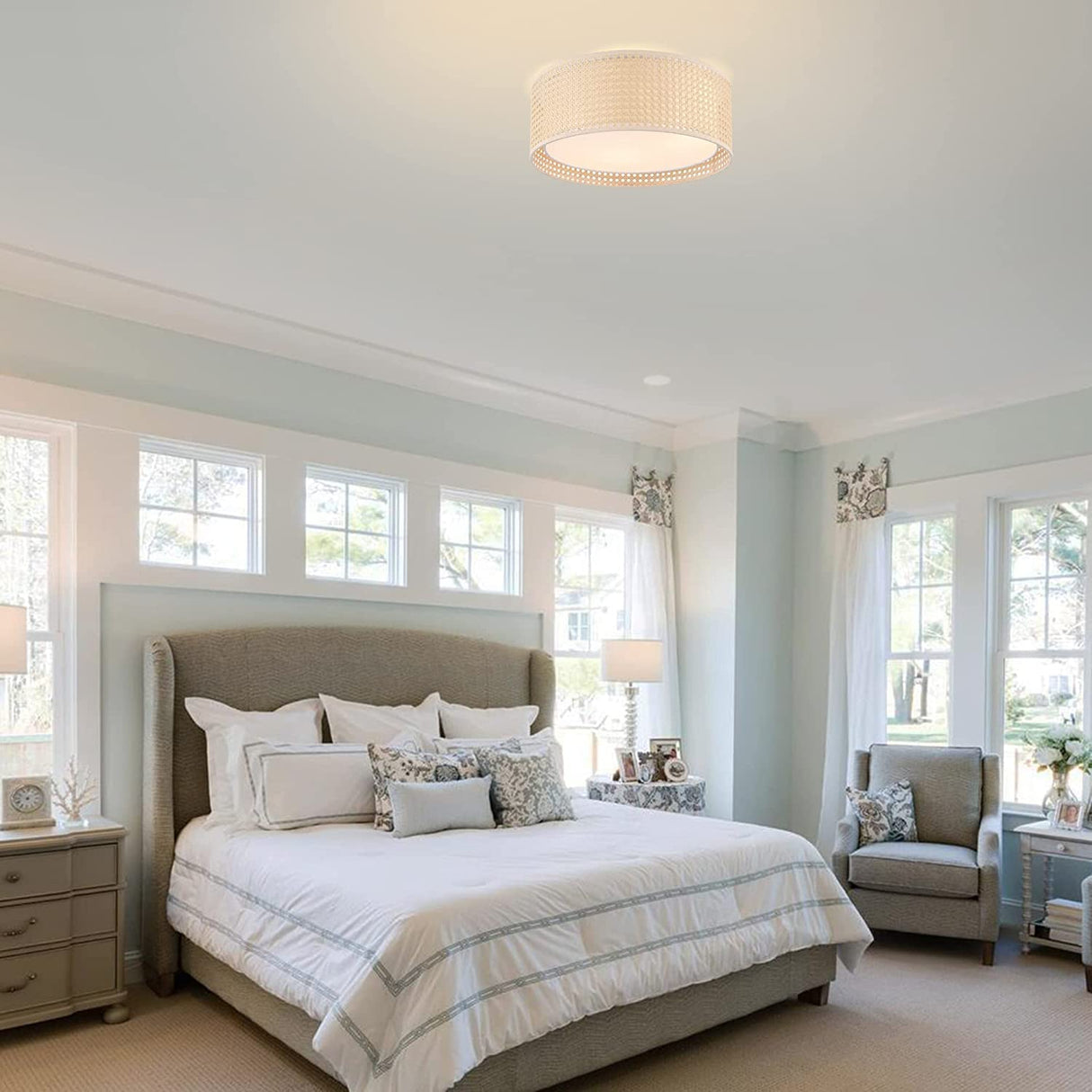 WINGBO 15.7" Modern 3-Light Flush Mount Ceiling Light Fixture with Rattan & Fabric Double Drum Shade for Bedroom Living Room Dining Room Hallway Entryway, Khaki WINGBO