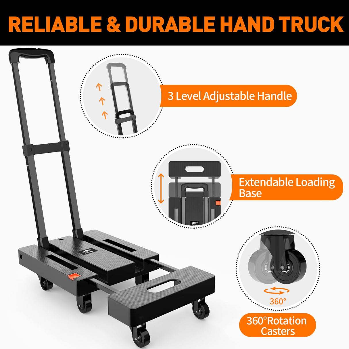 Ronlap Folding Hand Truck, Foldable Dolly Cart for Moving 500lbs Heavy Duty Luggage Cart Portable Platform Cart Collapsible Dolly with 6 Wheels & 2 Ropes for Travel House Office Moving, Black Ronlap