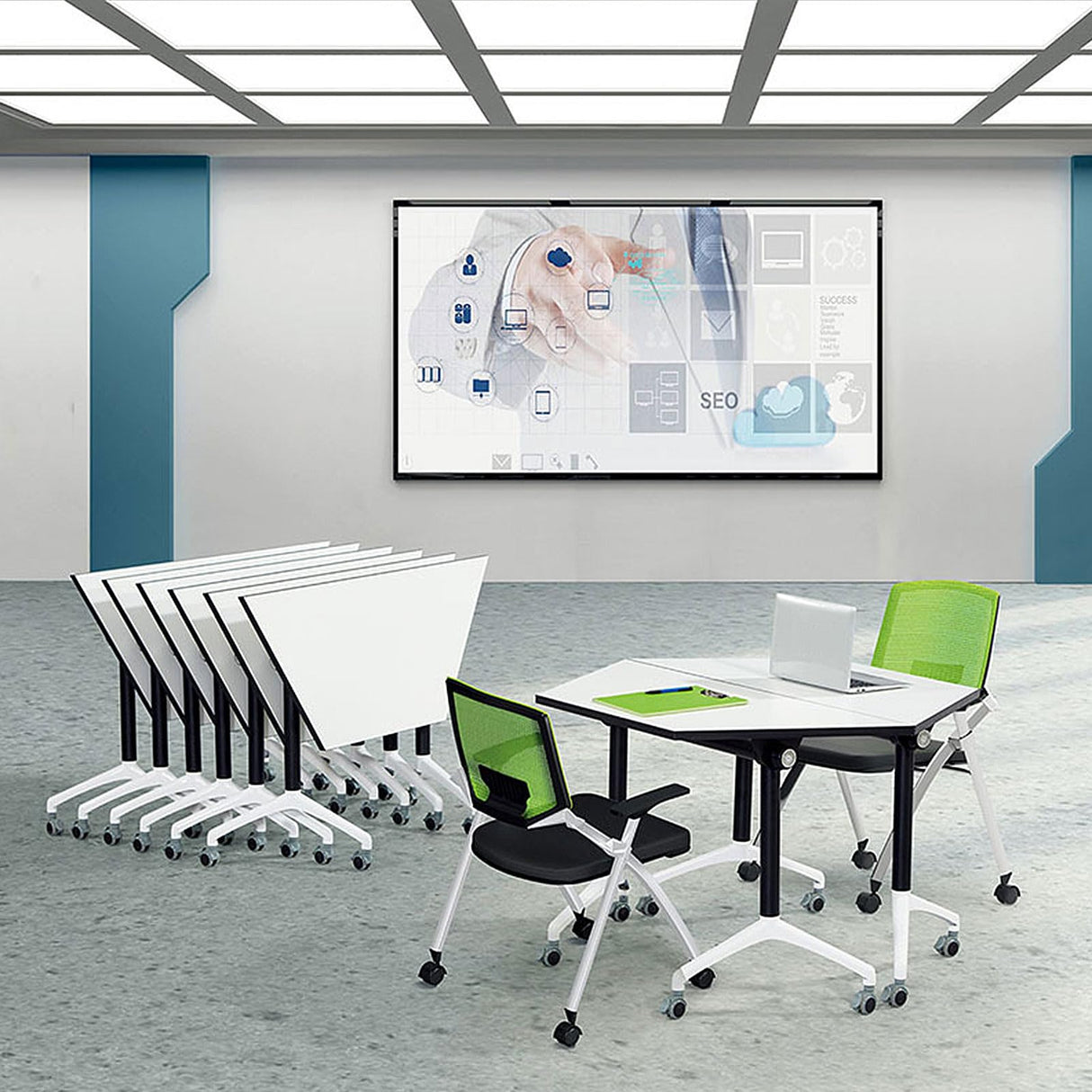 CUAOCEZ Conference Room Table Foldable Flip Top Mobile Training Table,combinable trapezoidal Conference Table Computer Desk,Metal Frame,with Modesty and Lockable Wheels Seminar Training Table (8PCS) CUAOCEZ