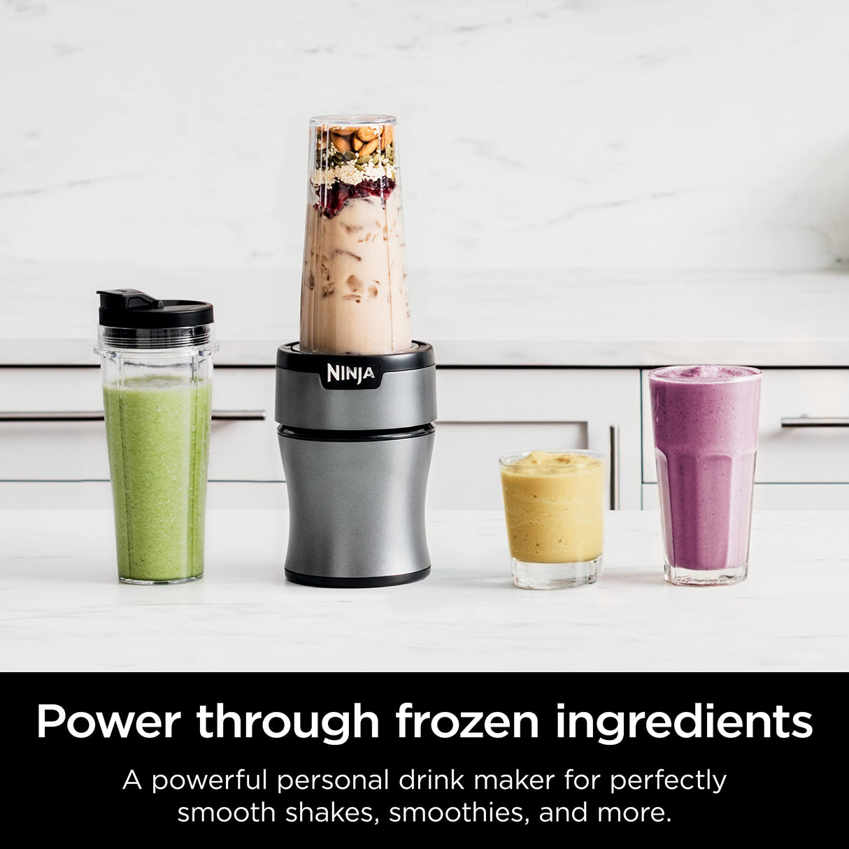 Ninja BN301 Nutri-Blender Plus Compact Personal Blender, 900-Peak-Watt Motor, Frozen Drinks, Smoothies, Sauces & More, (3) 20 oz. To-Go Cups, (2) Spout-Lids (1) Storage-Lid, Dishwasher Safe, Silver Ninja