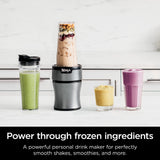 Ninja BN301 Nutri-Blender Plus Compact Personal Blender, 900-Peak-Watt Motor, Frozen Drinks, Smoothies, Sauces & More, (3) 20 oz. To-Go Cups, (2) Spout-Lids (1) Storage-Lid, Dishwasher Safe, Silver Ninja