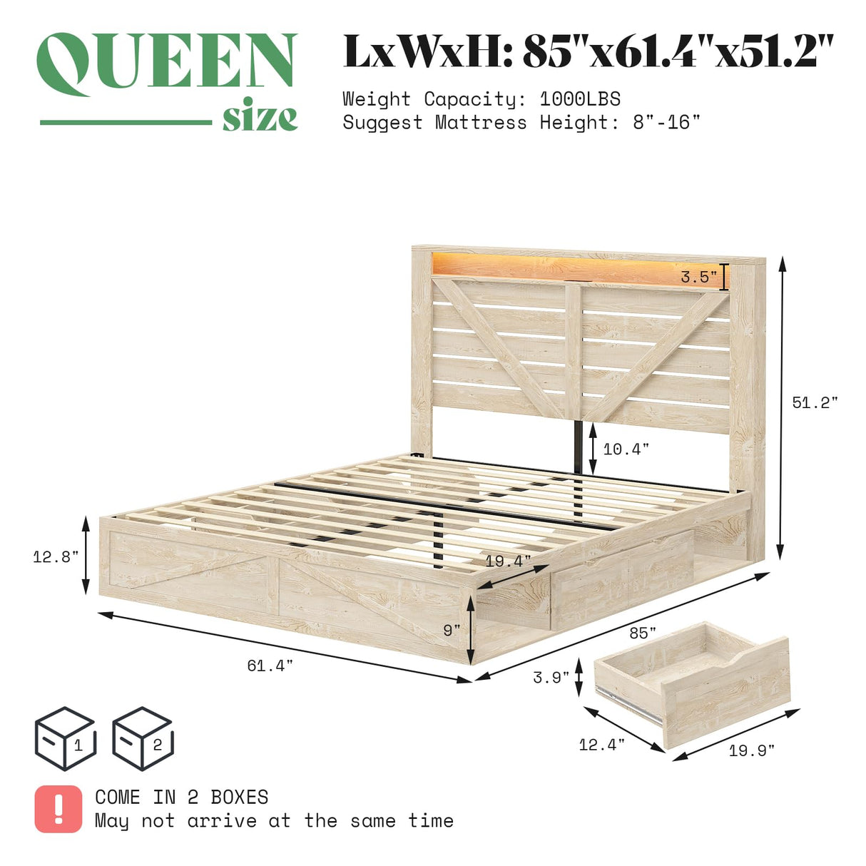 AMERLIFE Farmhouse Bed Frame with 4 Drawers & 4 Open Storage Space, Queen Size Storage Bed with LED Light & Charging Station, Wooden Slats, Noise Free, Rustic White AMERLIFE