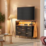 YILQQPER Dresser for Bedroom TV Stand with Power Outlets and LED Light, 6 Drawers Dresser with Side Pockets & Hooks, Wide Dresser with Shelves for 45" TV, Fabric Chest of Drawers, Black YILQQPER