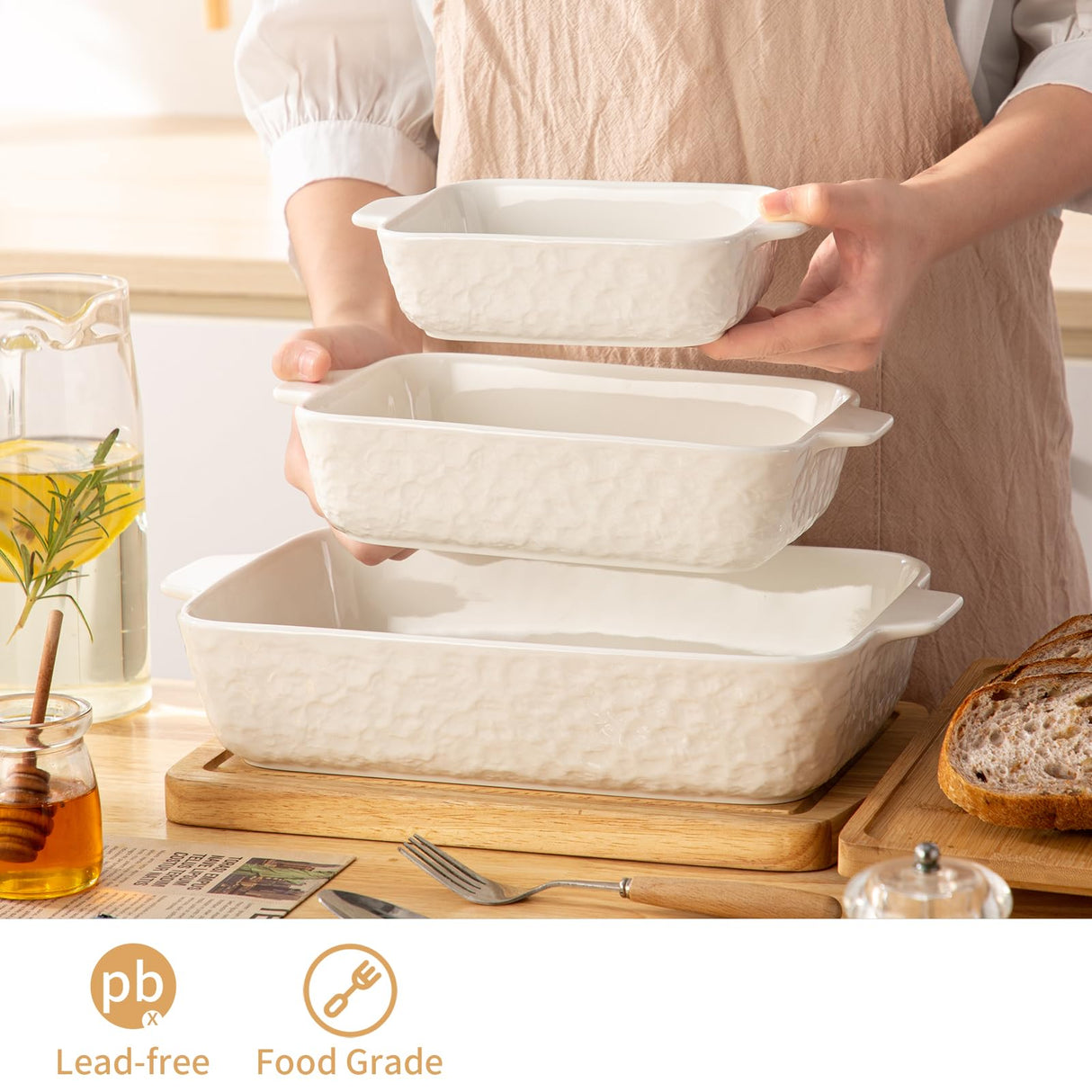 YUN TAO Casserole Dishes for Oven, Porcelain Baking Dishes, Ceramic Bakeware, Rectangular Lasagna Pans Deep with Handles for Baking Cake Kitchen,Cake Dinner,3-Piece (Set of 3, White) YUN TAO