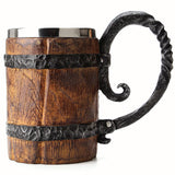 OTARTU Vintage Faux Oak Wood Barrel Beer Mug, Medieval Retro Viking Stainless Steel Coffee Cup Stein Tankard,17oz/500ML Cup Mug,Unique Gift OTARTU