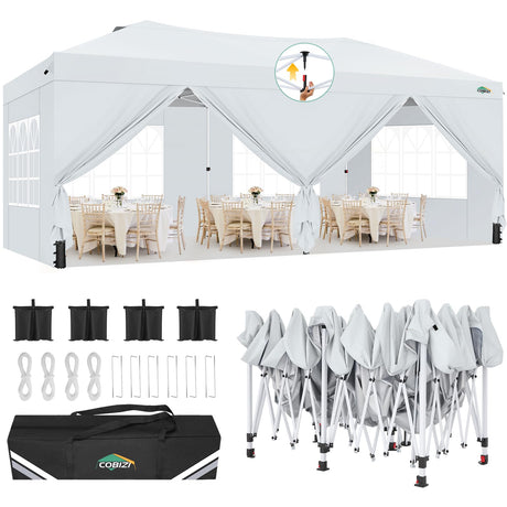 COBIZI Canopy 10x20 Pop Up Canopy Tent with 6 Sidewalls, One Push Party Tents for Parties Outdoor Wedding Waterproof Gazebo Commercial Event Tent with Sandbags, White COBIZI