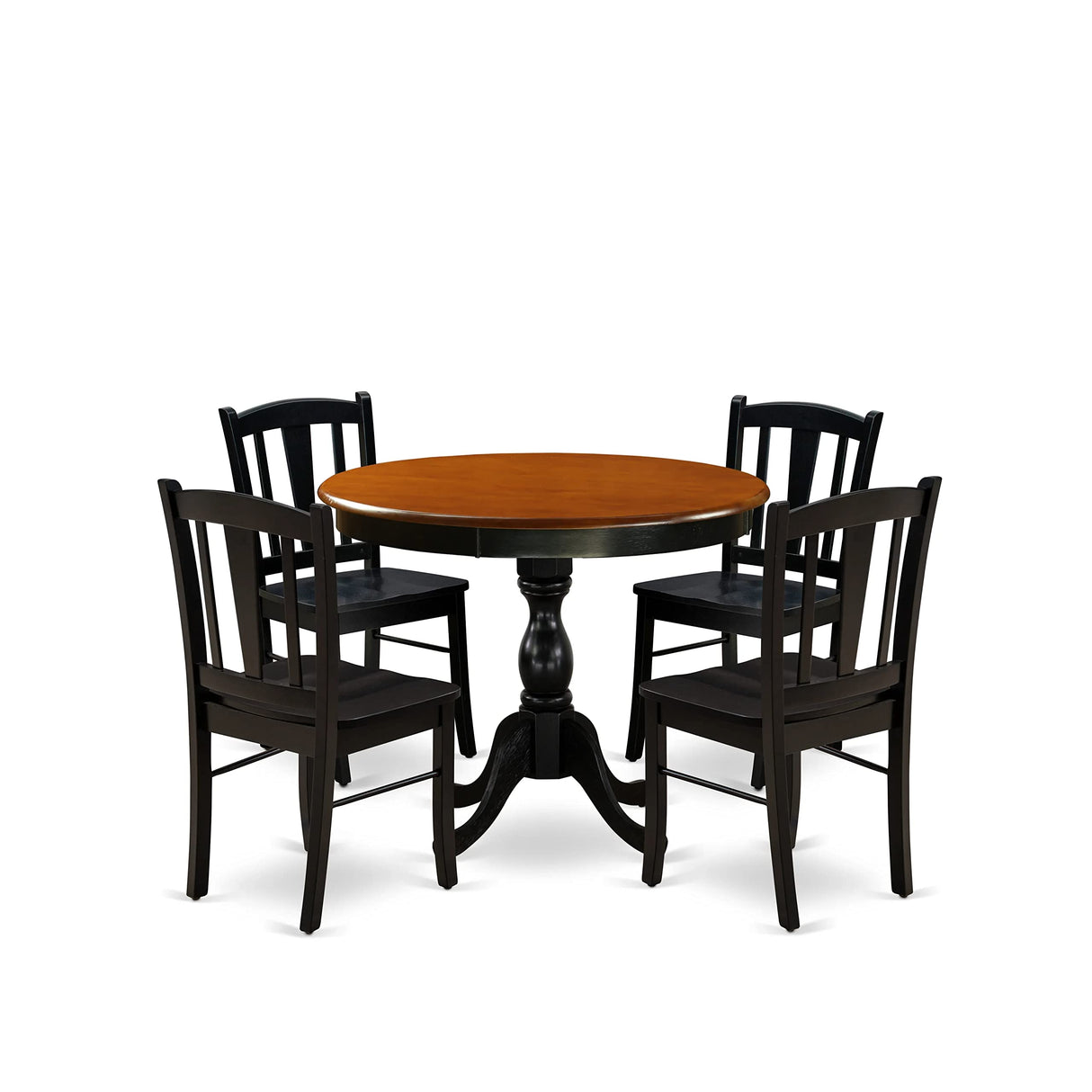 East West Furniture Antique 5 Piece Kitchen Set for 4 Includes a Round Room Table with Pedestal and 4 Dining Chairs, 36x36 Inch, Black & Cherry East West Furniture