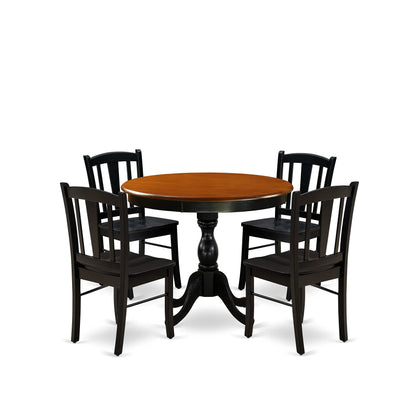 East West Furniture Antique 5 Piece Kitchen Set for 4 Includes a Round Room Table with Pedestal and 4 Dining Chairs, 36x36 Inch, Black & Cherry - WoodArtSupply