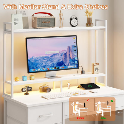 Korfile Computer Desk with Hutch, White Gaming Desk with Power Outlets & LED Ligthts & 5 Fabric Drawers, Home Office Desk with 2 Tiers Storage Shelves for Display, 47" PC Gamer Table for Bedr - WoodArtSupply