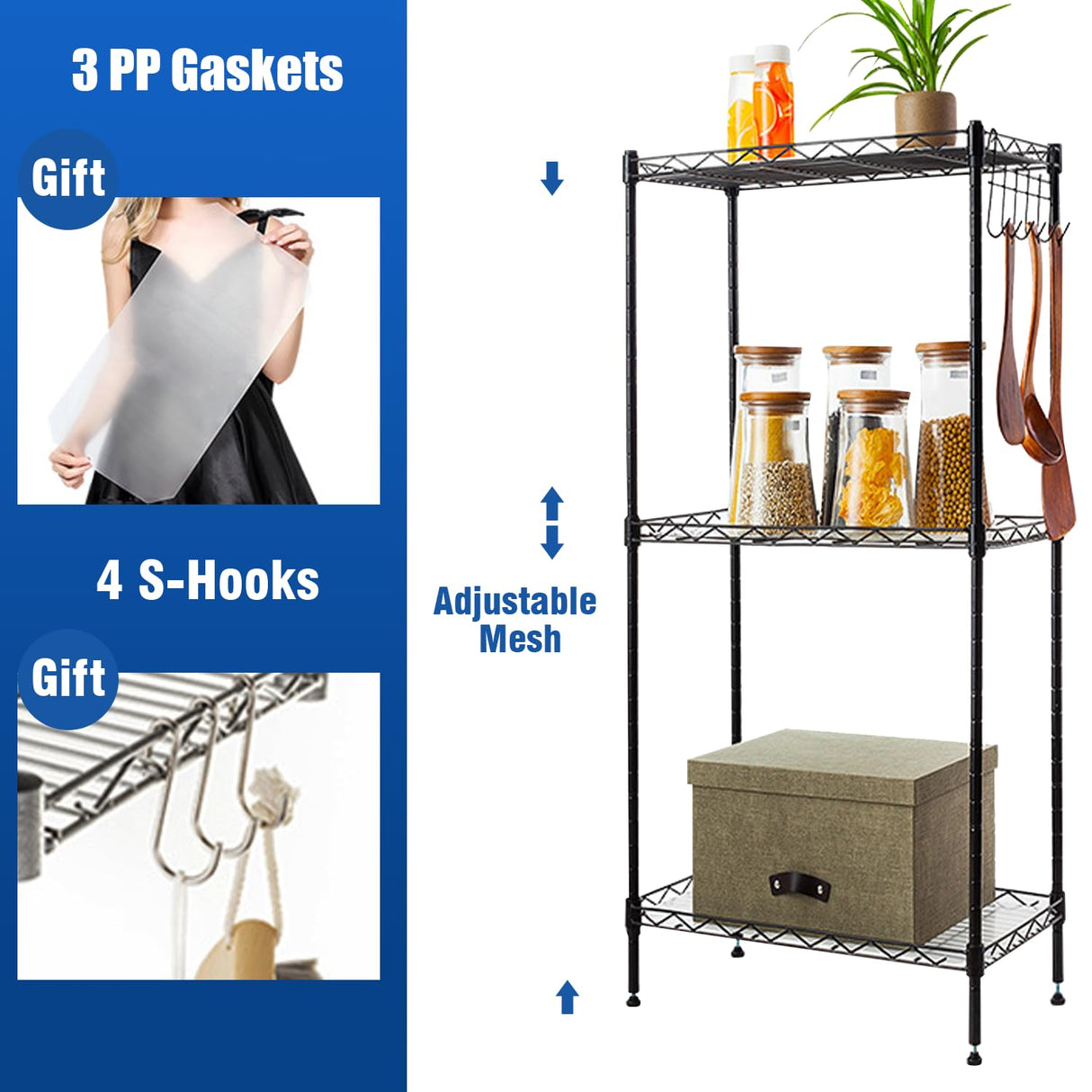 Storage Shelves 3 Shelf Wire Shelving Adjustable Metal Shelving 1000 LBS Pantry Shelves Sturdy Steel Wire Shelf for Kitchen Pantry Garage Warehouse (Black) Generic